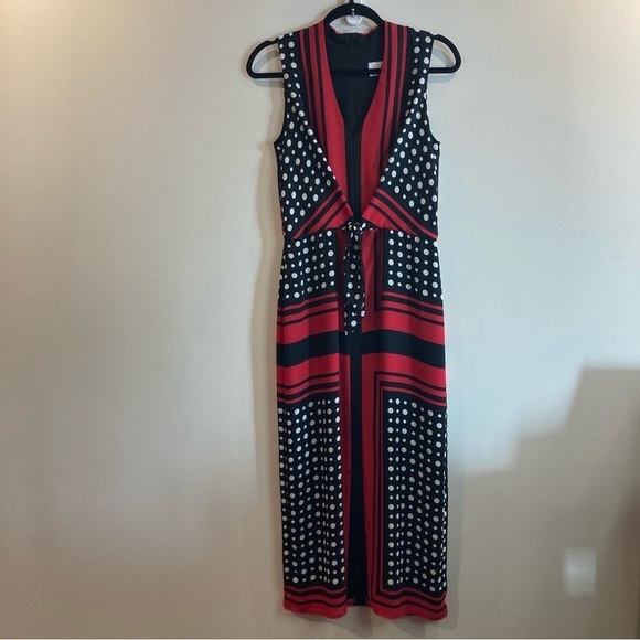 JOSEPH RIBKOFF Sz 10 Polka Dot Red Stripe Square Front Bow Lined Midi Dress - Picture 4 of 13